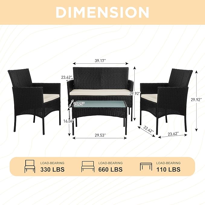 PROHIKER 4 Piece Outdoor Wicker Patio Conversation Furniture Set, Rattan Chair Wicker Sofa Garden Conversation Sets with Cushion and Glass Table for Yard Pool or Backyard, Black/Beige