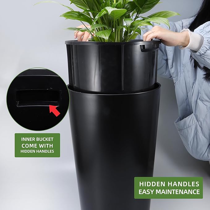 Dexceder 22x13 Tall Self Watering Planter High Cylinder Indoor Outdoor, Thickened Large Floor Standing Flower Plant Pot with Water Level Indicator (Black Matte)