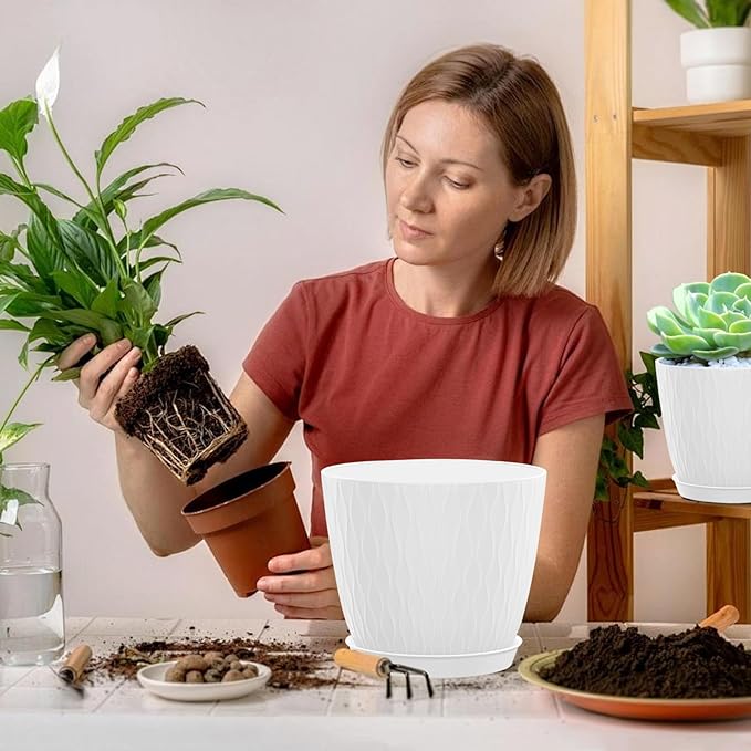 5 Pack 6 inch Planters for Outdoor Plants Indoor Plant Pots with Drainage Holes and Saucers, Modern Plastic Flower Pots for Plants Succulent Holiday Office House Home Decor Garden Pots White