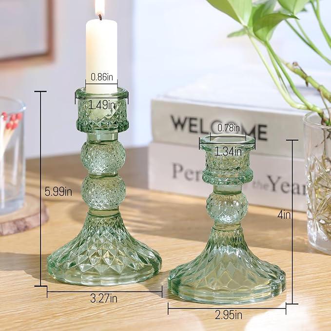 DARJEN Green Glass Candlestick Holders Set of 6, 4" H & 5" H Taper Candle Holders for Candlesticks & Pillar Candles, Diamond Candle Holders for Wedding Party Table Centerpiece, Home Decor