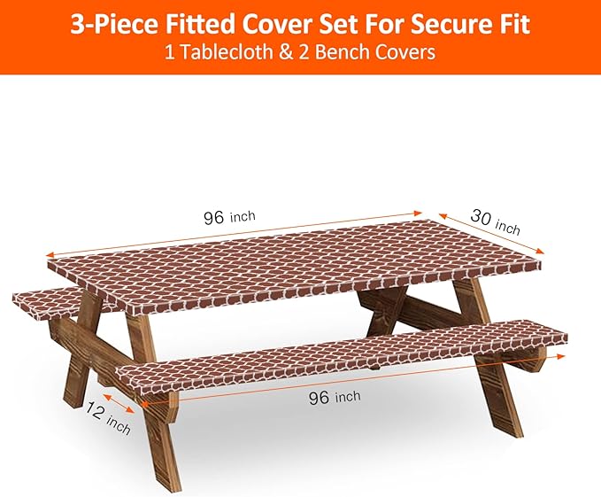 KENOBEE 8ft Picnic Table and Bench Cover, Camping Essentials RV Gear, 96 in Waterproof Windproof Outdoor Elastic All Around Tablecloth, Fitted Rectangle Tables and Seats, Coffee-White Moroccan