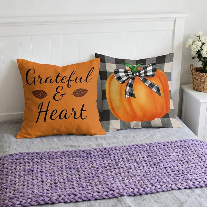 Autumn Harvest Pillow Covers 18x18 inch Set of 4, Pumpkin Truck Buffalo Plaid Fall Art Throw Pillow Covers Farmhouse Cushion Case Decor for Sofa Couch