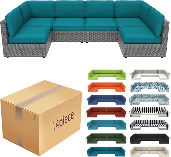 14 Pcs Outdoor Replacement Cushions for Patio Furniture, All Weather Water Resistant Cushion for 6 Seat Rattan Wicker Sectional Patio Conversation Sets and Couch (Turquoise)