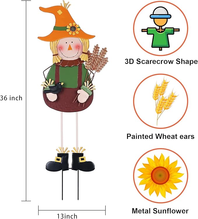 hogardeck Fall Decorations for Home Outdoor, 36" Metal Scarecrow Decorative Garden Stakes with Wheat Sunflower Crow for Fall Decor, Yard Signs for Garden Lawn Patio Porch Thanksgiving Decorations