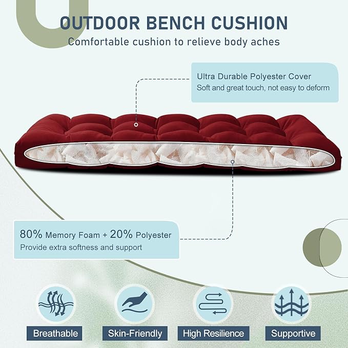 downluxe Outdoor Bench Cushion for Patio Furniture, Waterproof Tufted Overstuffed Porch Swing Cushions, Thick Outdoor Loveseat Cushions, 59" x 18" x 5", Burgundy, Set of 1