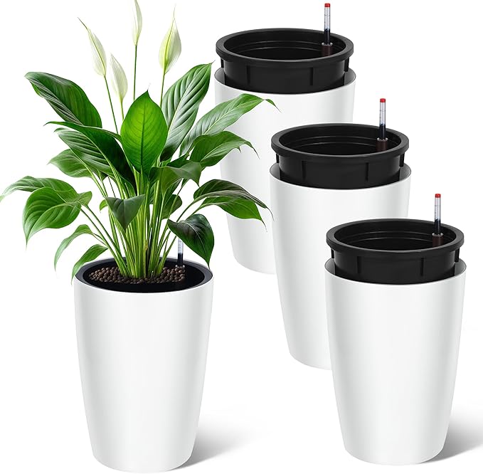 16" Tall Planter Set of 4, Self Watering Pots with Built-in Drainage and Water Level Gauge, Large Planter Pots for Garden, Patio, Balcony, Lounge, White