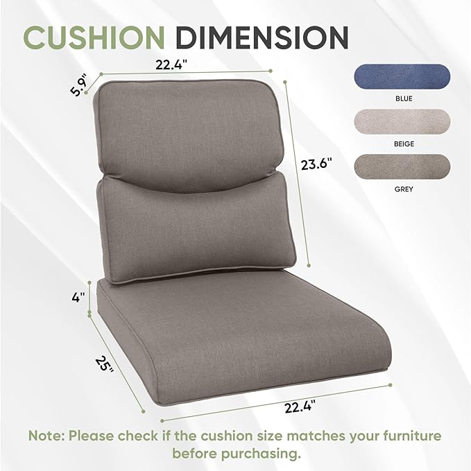 Outdoor Chair Cushion Set of 2, Waterproof Outdoor Seat Cushions 25x22, Patio Chair Cushions for Outdoor Furniture, Couch Cushion Replacement, Include 2 Back & 2 Seat Cushions, Smile/Grey