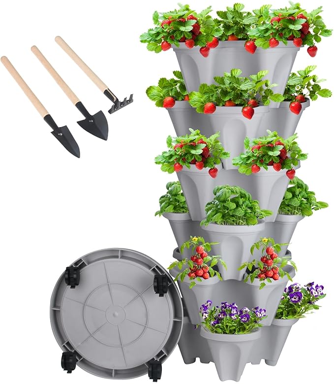 GameXcel Vertical Planter Tower- 6 Tier Stackable Garden Planter with Wheels and Tool Set – Grow Strawberries Herbs Flowers and Vegetables - Indoor Outdoor Use Gray