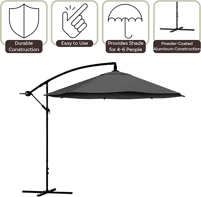 10 Ft Offset Cantilever Patio Umbrella - Fade-Resistant Shade Umbrella Outdoor Patio Canopy with Cross Base for Garden, Lawn, Deck, Yard or Pool by Pure Garden (Gray)