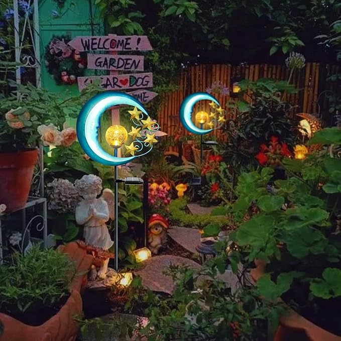 Stars Moon Solar Lights Outdoor - Solar Powered Garden Lights Decorative Crackle Glass Globe Led Waterproof Landscape Lighting for Pathway,Yard,Lawn,Patio
