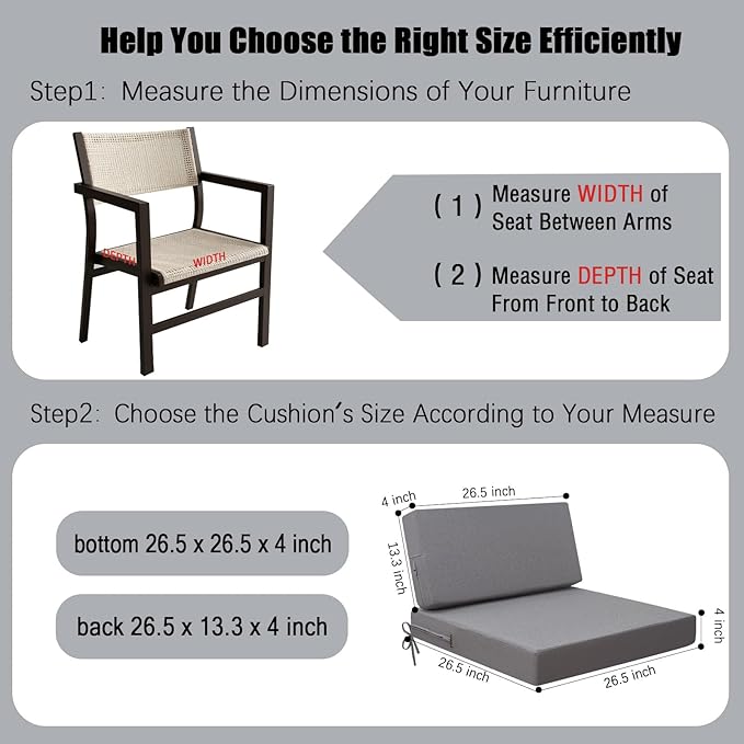 idee-home Outdoor Cushions for Patio Furniture, Outdoor Seat Cushion, Waterproof Couch Hampton Bay Deep Seat Replacement Chair Cushions for Garden Lawn Deck Backyard, 26.5 x 26.5 Grey