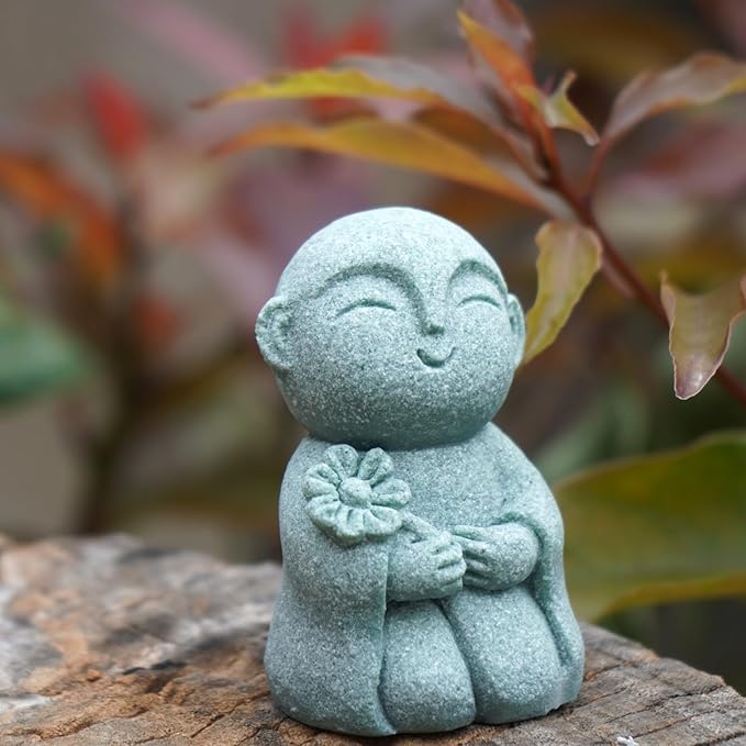 OwMell Japanese Jizo Monk Statue, Buddha Jizo Figurine Memorial Aquarium Statue Ornament - Flower