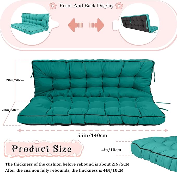 2-3 Seat Swing Replacement Cushion, Outdoor Bench Cushions with Backrest Thicken 4", Patio Furniture Garden Porch Loveseat Glider Pad Anti-Fading Waterproof (Lake Blue, 40x55in)