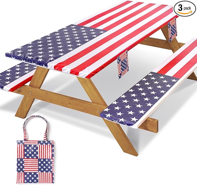 Picnic Table Cover with Bench Covers Fitted Elastic Non Slip Heat Resistant Camping Tablecloths for 8 Feet Rectangular Tables Travel Trailers Gadgets Summer Garden Supplies Gifts for Friends