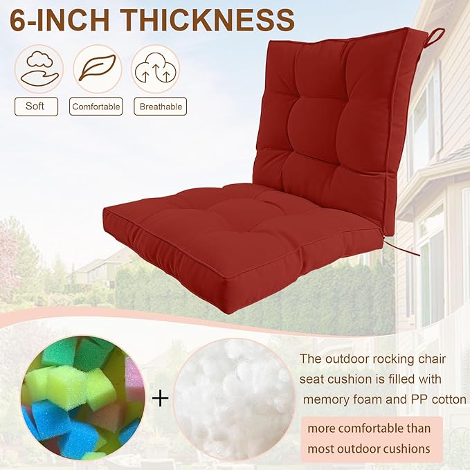 2 Piece Outdoor Patio Chair Cushions, Fade Resistant Outdoor Cushions for Patio Furniture, 6 inch Thickened Rocking Chair Cushions Set (Red, 24x24x6 inch - 2 Pieces)