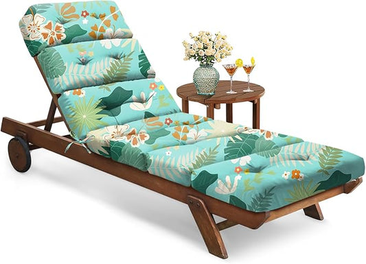 All Weather Chaise Lounge Cushions Outdoor Lounge Chair Cushion, Memory Foam Chaise Lounger Chair Cushion Waterproof for Outdoor Patio Furniture with Non-Slip Back and Ties, Cyan Floral Leaf