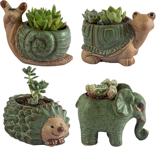 Small Succulent Pots with Drainage, Indoor/Outdoor Ceramic Animal Planter, Cute Cactus/Bonsai Small Flower Pots for Home Decor and Office Desk Decoration, A Set of 4 Pieces is Suitable as A Gift