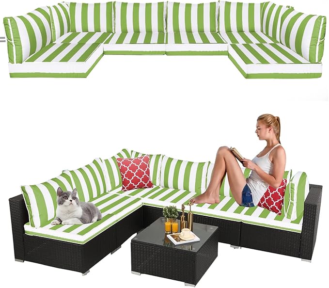 14 Pieces Outdoor Sectional Replacement Cushions for Patio Furniture, 4in Thick Outdoor Sofa Cushions for 6 Seat, Waterproof Deep Seat Couch Patio Cushions Set (Light Green and White)