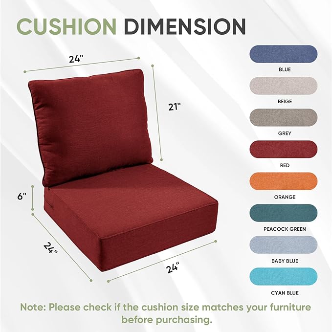 Outdoor Chair Cushions Set of 2, Waterproof 24x24 Patio Chair Cushion, 6" Thickened Seat Cushion for Outdoor Furniture, Couch Cushion Replacement, Include 2 Back & 2 Seat Cushions, Thick/Red