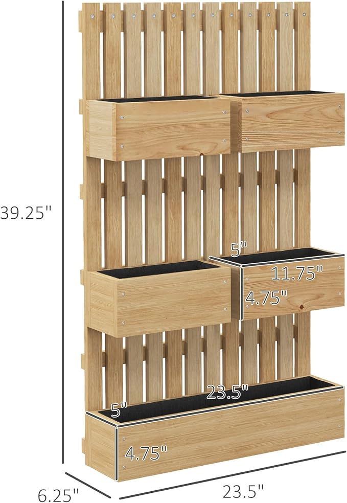 Outsunny 5 Box Raised Garden Bed with Trellis for Vine Flowers & Climbing Plants, 39" Tall Wall-Mounted Wood Planter Box Set with Adjustable Height, Drainage Hole, Natural
