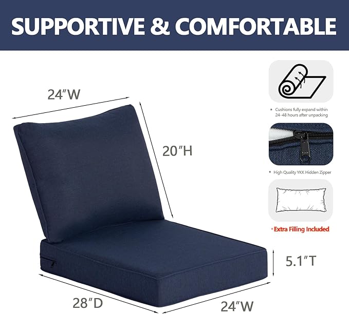 Goodgoods 24 x 28 Outdoor Patio Deep Seat Cushions 2-Pack, 1000+ Hours Fade-Resistant & Water-Resistant Outdoor Furniture Chair Cushions with 30D High-Resilience Foam for Sofa Chair, Midnight