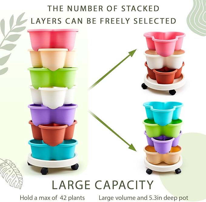Umigy 2 Set of 7 Tier Stackable Vertical Planters with Removable Wheels and Tools Tower Planters Strawberry Herb Flower Vegetable Pots Indoor Outdoor Gardening Pots (Multicolor)