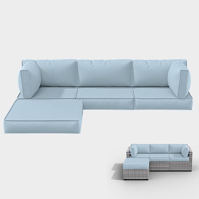 Outdoor Cushions for Patio Furniture with 5 Pillows, Waterproof Patio Furniture Cushions Replacement, 4" Deep Seat Outdoor Sectional Cushions for 4-seat Patio Furniture Chair Sofa Couch,Sky Blue