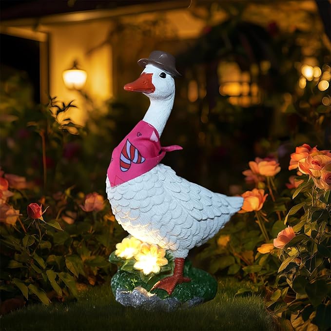 Porch Goose Garden Statue with Solar Glowing Flower, 10" Solar Duck Decorative Figurine for Outdoor, Valentine St.Patrick Easter Christmas Seasonal Scarves for Patio Yard Decor - Unique Gift for Women