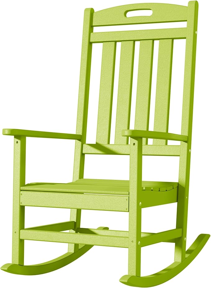 Outdoor Rocking Chair, All-Weather Resistant Poly Lumber Rocker Chair Outdoor, High Back Plastic Patio Rocking Chairs for Outside Porch Rocker Garden Lawn, Lime