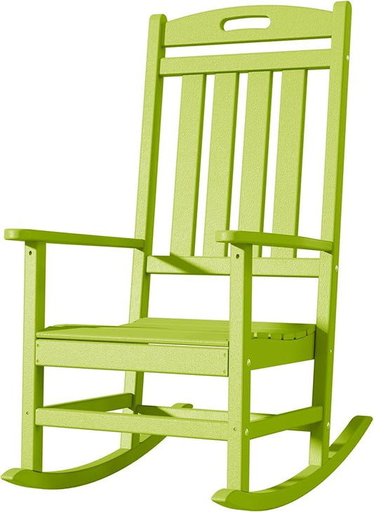 Outdoor Rocking Chair, All-Weather Resistant Poly Lumber Rocker Chair Outdoor, High Back Plastic Patio Rocking Chairs for Outside Porch Rocker Garden Lawn, Lime