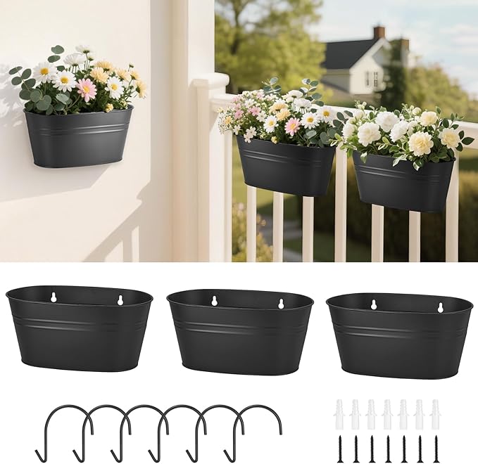 Dahey 3 Pcs Wall Planters for Indoor Plants 10.6 Inch Metal Hanging Flower Pots for Railing Fence Outdoor Countryside Window Flower Holder with Hooks Drainage Holes for Garden Yard Home Decor, Black