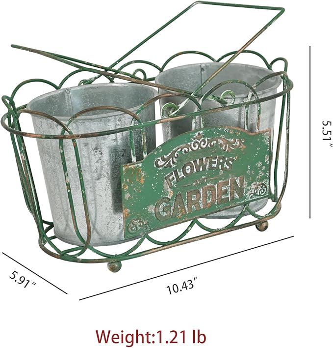 Vintage 2-Piece Metal Planter Set, Distressed Green Iron Wire Basket with Flowers Garden Sign, Rustic Farmhouse Plant Pots for Tabletop, Window Sill & Balcony Decor