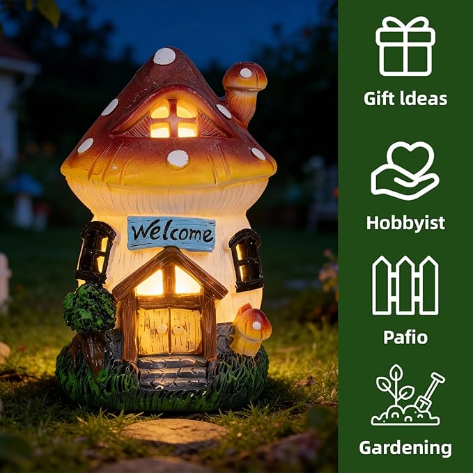 Garden Outdoor Figurines Statue with Solar Lights,Solar Mushroom House Decorations for Yard Outdoor Garden, Patio Yard Lawn, Gifts for Girls Birthday Housewarming Mother's Day (Mushroom House)