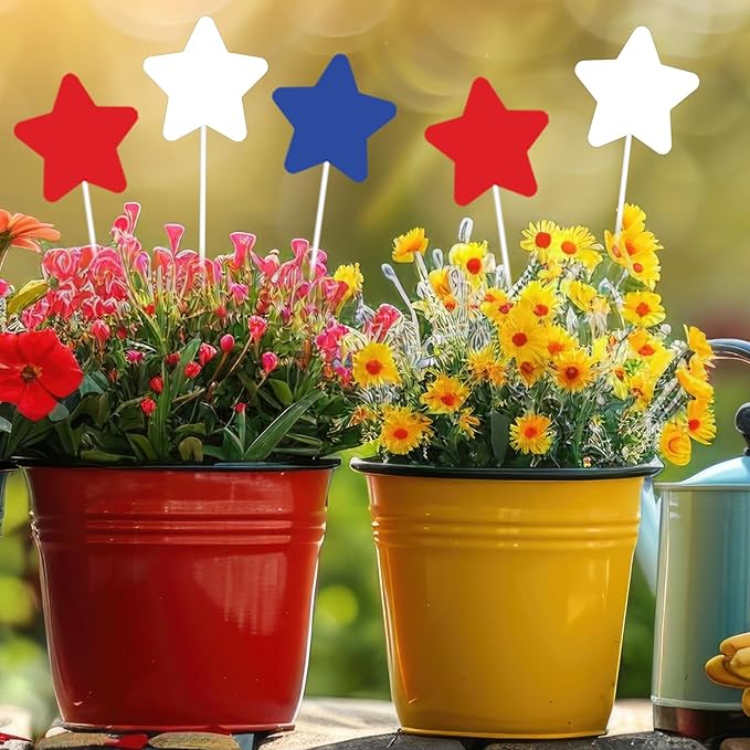 JarThenaAMCS 9Pcs Patriotic Star Metal Planter Stakes 4th of July Star Decorative Garden Stakes Red Blue White Yard Sign for Planter Pot Walkway Lawn Independence Day Decor