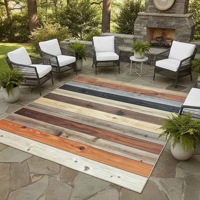 Waterproof Brown Khaki Natural Wood Plank Texture Outdoor Rug 2x3 Rustic Wooden Board Outdoor Area Rug for Patio Deck Garden Balcony Backyard Camping Non Slip Low Pile Outside Carpet Floor Covers