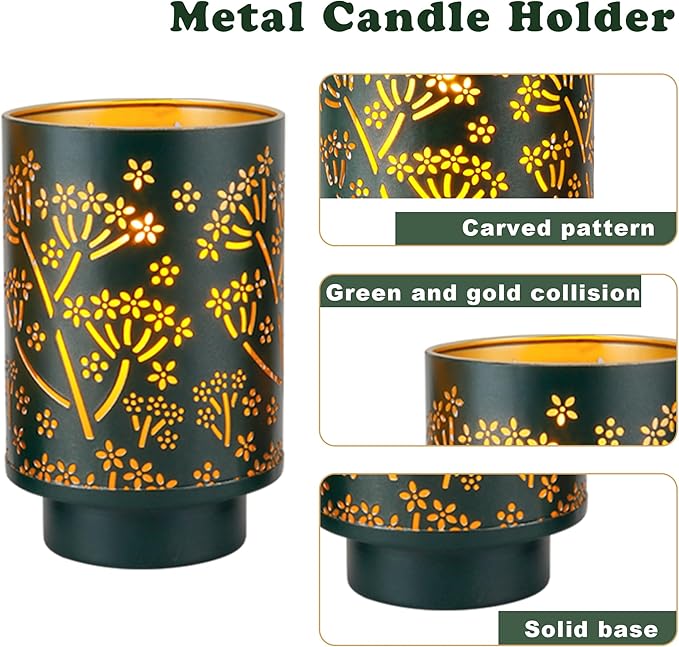 JHY DESIGN Set of 3 Metal Candle Holders 7.5“H Green Hurricane Pillar Candleholder Vintage Table Candlestick Holders Great Centerpieces for Home Decor Wedding Parties Events
