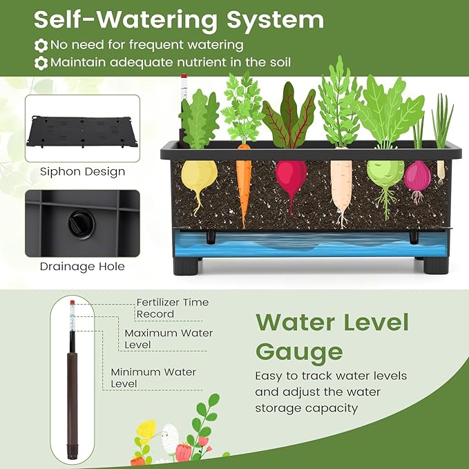 Giantex Raised Garden Bed with Legs & Trellis for Climbing Plants, Self-Watering Planter Box w/Water Level Gauge, for Vine Flower Herb Vegetable (29.5"x13.5"x76")