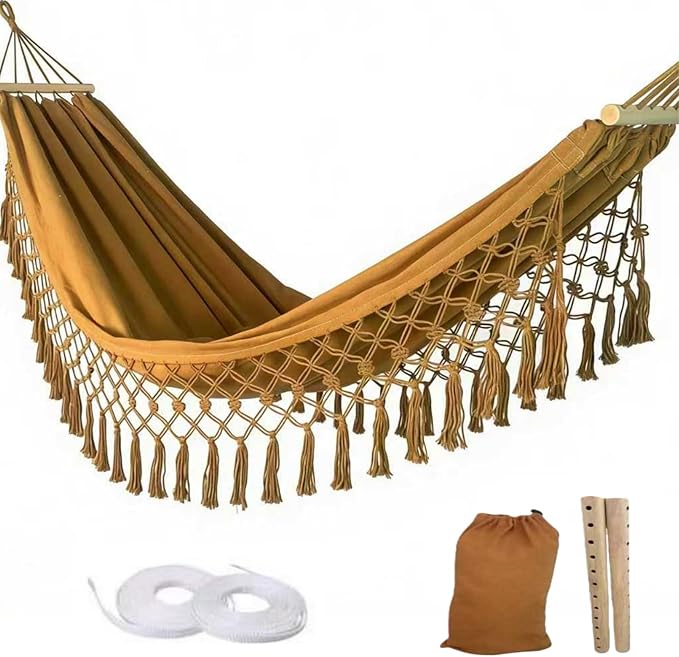 Beautiful Boho Style Hammock,Bohemian Outdoor Portable 1 Person Hammock,for Suitable for Patio, Beach, Garden,Wedding Decor (Khaki)