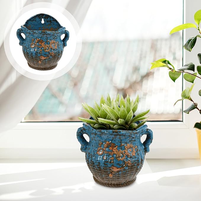 Ceramic Wall Mounted Succulent Flowerpot with Drainage Hole, Hanging Bonsai Plant Container for Indoor Garden Decor, Sturdy Ceramic Wall Planter Pot