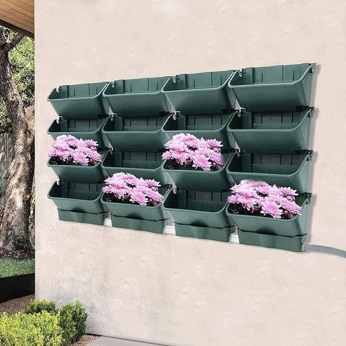 Vertical Wall Planter with 16 Pots, Hanging Garden Plant Flowerpot Holder, Stackable Wall-Mounted Planter, Balcony Planters for Flowers Vegetables Fruits (Army Green, 16 Pots+4 Drainage Planters&Pipe)