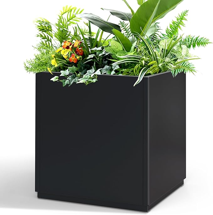 Large Metal Planter for Indoor & Outdoor, Square Planter Boxes with Drainage Holes, Tall Divider Planter Box All-Weather Use for Plants, Flowers, 17" L x 17" W x 18" H, Black