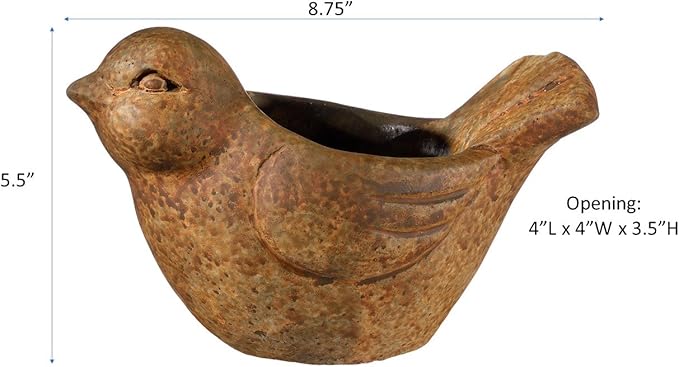 Classic Home and Garden Cement Buddies Animal Planter - Cute Desk Decoration - UV Coated Animal Vase w/Removable Drain Plug - Succulent Planter for Indoor/Outdoor Use (Bird Planter, Rust, Large)