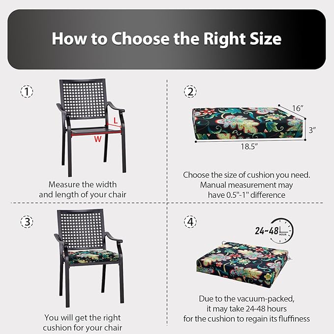 Outdoor Chair Cushions Set of 4, 18.5 x 16 Inch Patio Chair Cushions for Outdoor Furniture, Water Resistant, Non-Slip Ties(Black Floral)