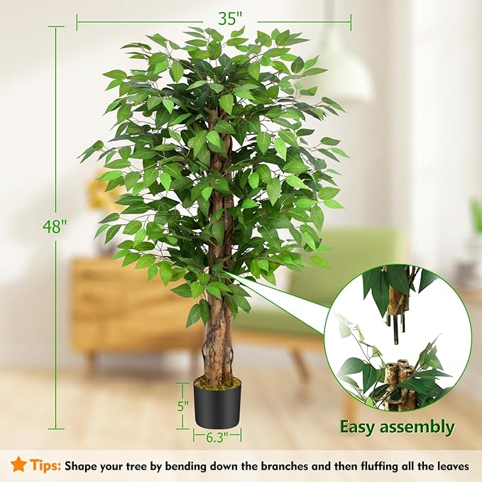 4ft Ficus Artificial Trees with Natural Curved Trunks, 48" Tall Lush Faux Tree for Home Decor Indoor, Green Lifelike Fake Ficus Tree Artificial Plants
