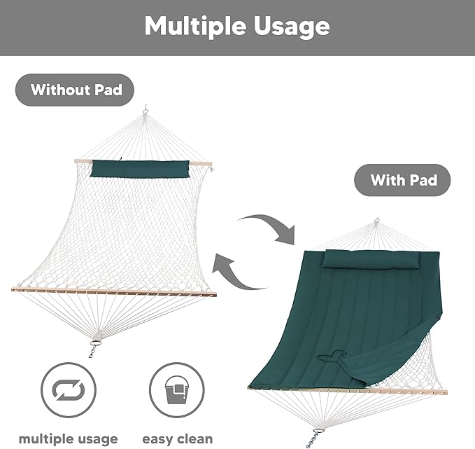 SUNCREAT Hammocks 2 Person Hammock with Hardwood Spreader Bar, Double Rope Hammock with Polyester Pad, Dark Green