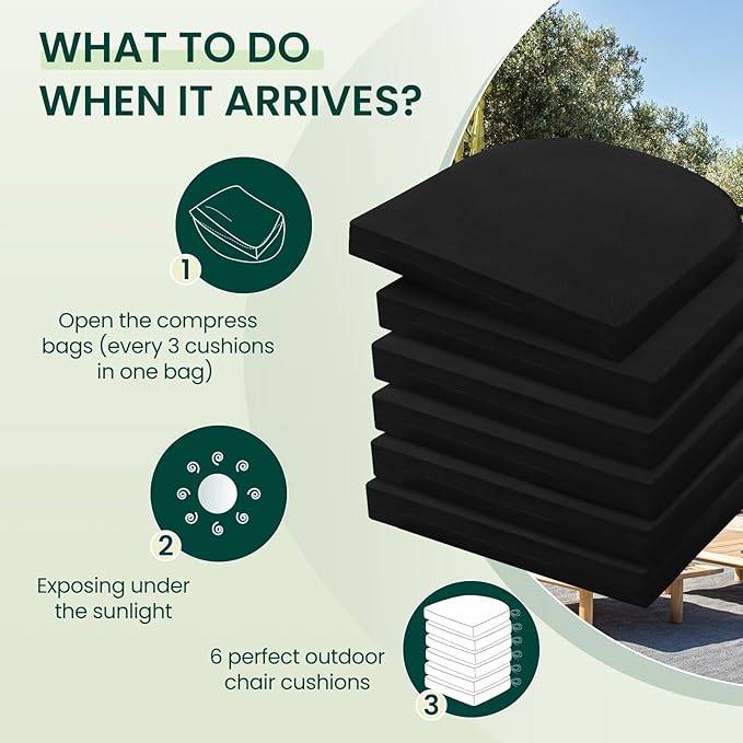 HARBOREST Outdoor Chair Cushions Set of 6, Water Resistant Patio Chair Cushions with Ties, Outdoor Seat Cushions for Patio Furniture, 17"x16"x2", Black