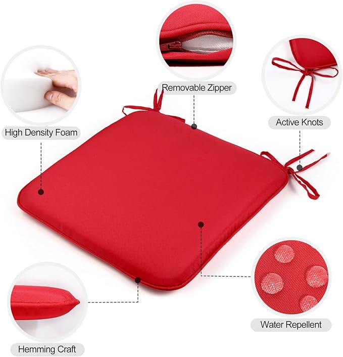 GUEGLSA Outdoor Indoor Waterproof Seat Cushions,16x16 Inches Patio Chair Cushion with Ties,Machine Washable Seat Pad for Home Garden Kitchen Dining Office Chair,Set of 2, Red