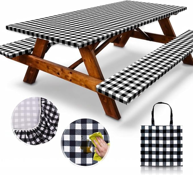 RNOONY 8ft Polyester Picnic Table Cover with Bench Covers Windproof & Waterproof Tablecloth, Perfect for Camping Gifts & RV Essentials, Cool Camping Gadgets with Carrying Bag, 96x30 Inches,4Pcs Black