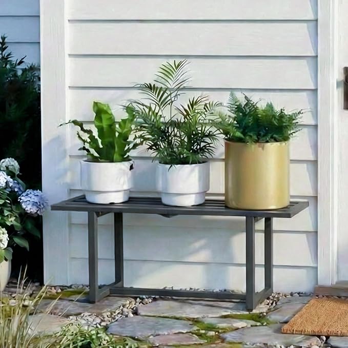2 Pack Metal Plant Stand, Foldable Heavy Duty Indoor, Window Iron Plant Shelf - Mid Century Modern Slatted Bench for Patio, Garden, Living Room Load Bearing 330 lbs 26" L x 10.4" H x 8.6" W 1 Tier 1 Tier Grey