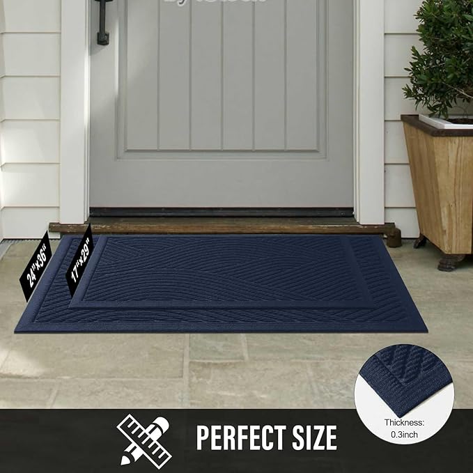 Sturdy Front Door Mat, Absorbent Muddy Dirt Resist Welcome Door Mats Outdoor Indoor, Stain and Fade Resistant, Non-Slip Backing Entry Mat Low Profile Doormat for Entryway, 36×24, Blue
